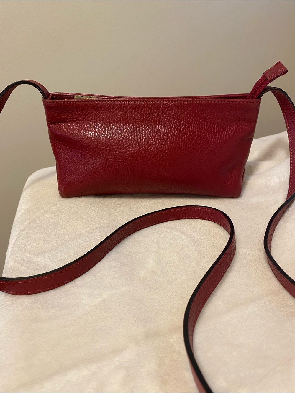 Burberry EUC Red Pebbled Leather Crossbody with Check Side Panels. With COA